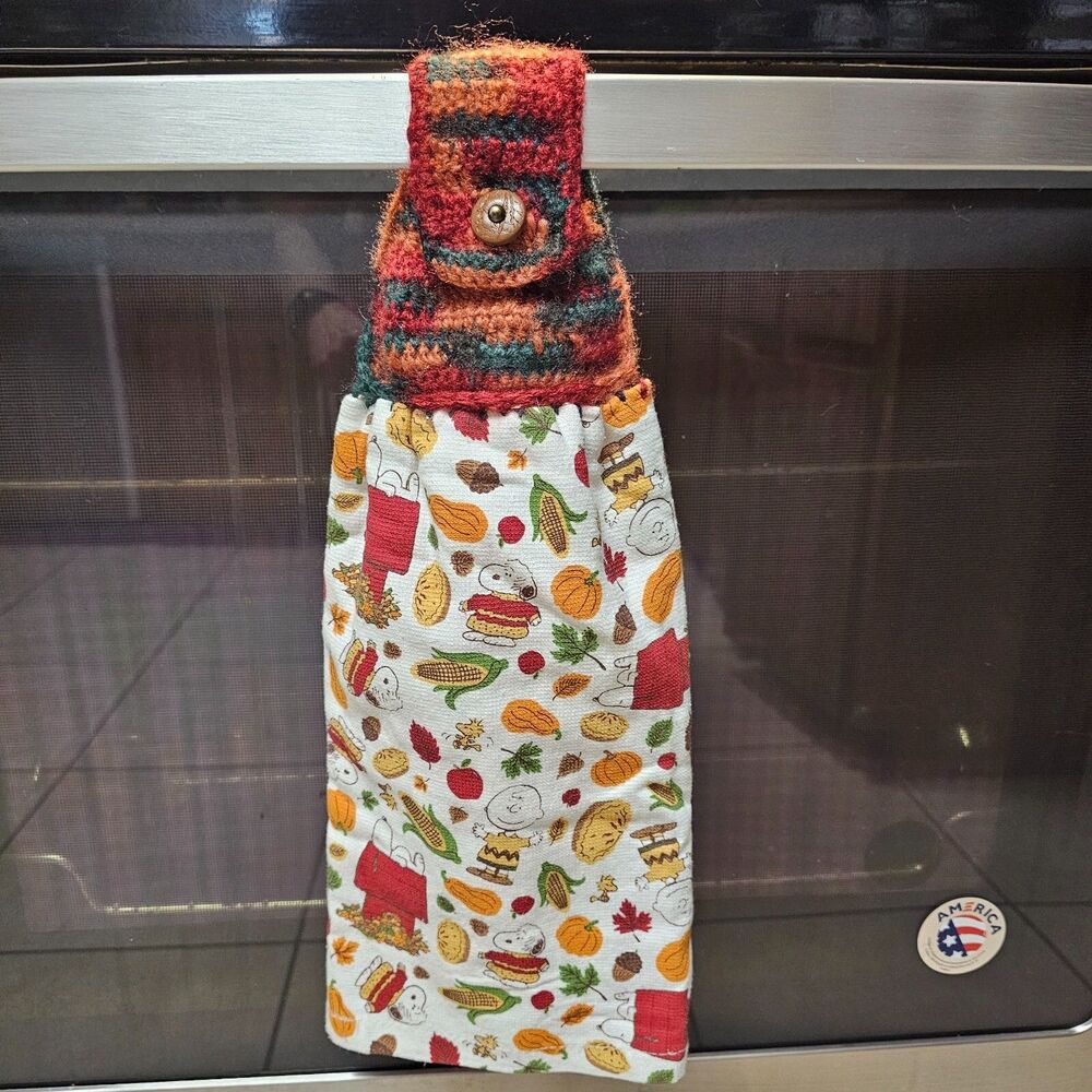 Crochet Topper Towel Handmade Snoppy Peanuts FALL kitchen hand towel unique NEW